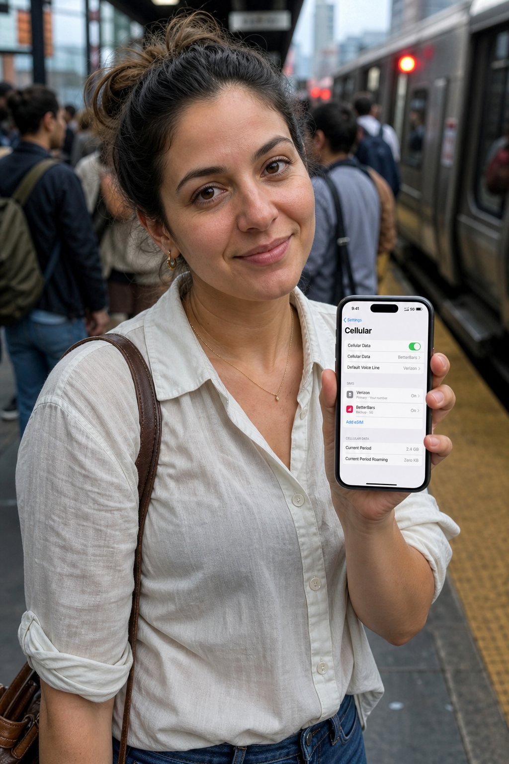 Commuter holding a phone on a crowded train platform
